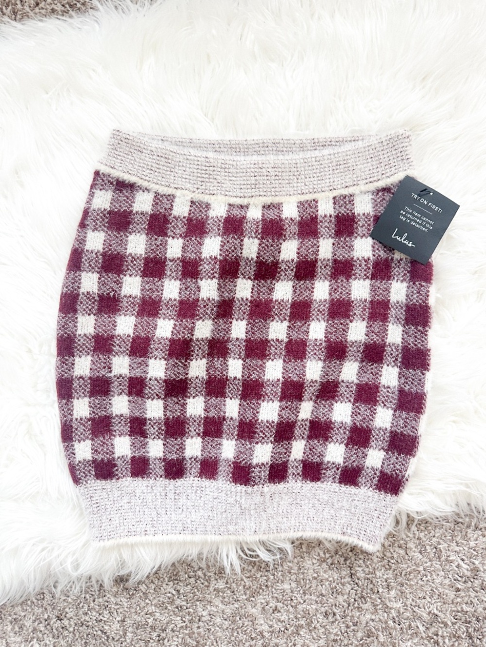NWT Lulus Size Small Burgundy Cream Gingham Fuzzy Knit Mini Skirt